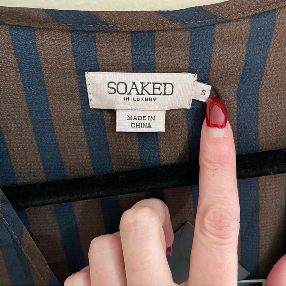 Soaked In Luxury Gina Striped Brown/Navy Blue Striped Wrap Dress, Size S, NWT - Picture 4 of 11